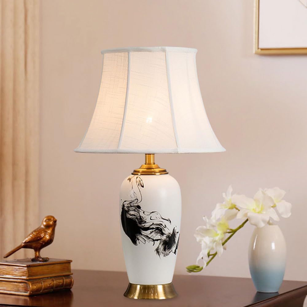 SGKOMN Modern Ceramic Lamps For Bedrooms, 25.6In Hand Drawn Ink Table Lamp Bedside Nightstand Desk Reading Lamp With Fabric Drum Shade For Bedroom, Living Room
