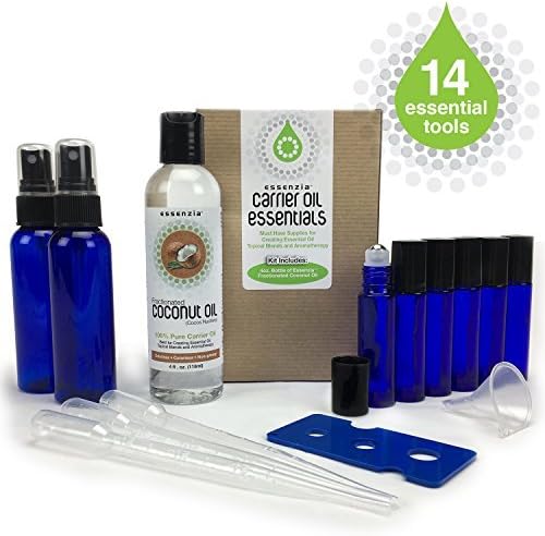 Essential Oil Tools & Accessories by Essenzia - Aromatherapy Carrier Oil Kit with 4oz Fractionated Coconut Oil, Glass Spray Bottles & Metal Roller Bottles, Bottle Opener Tool, Droppers, Mini Funnel
