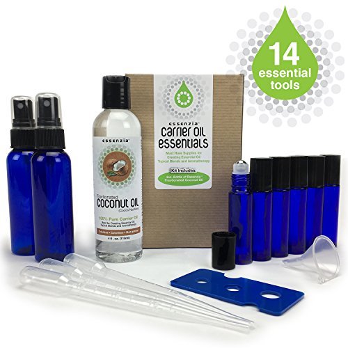 Essential Oil Tools & Accessories by Essenzia - Aromatherapy Carrier Oil Kit with 4oz Fractionated Coconut Oil, Glass Spray Bottles & Metal Roller Bottles, Bottle Opener Tool, Droppers, Mini Funnel