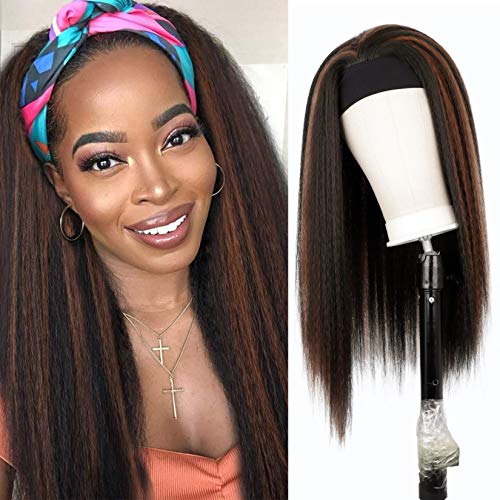 Lativ Kinky Straight Headband Wigs for Women Long Black Ombre Brown Wig Yaki Straight Synthetic Hair Wigs with Black Headband 24 Inches for Daily Party Use Easy to Wear (Black Ombre Brown) …