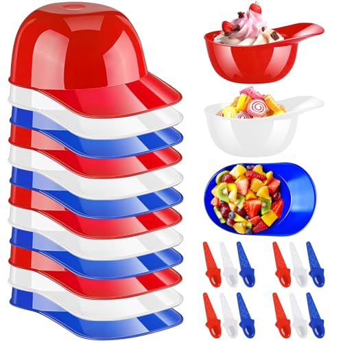 Bailtouk 12 Piezas Cuencos de Helado con Cucharas, Vasitos Aperitivos Plastico Casco de Béisbol, Tazones de Helado Juego de Tazones de Postre para Comida, Fruta, Familia, Camping（3 Colores）