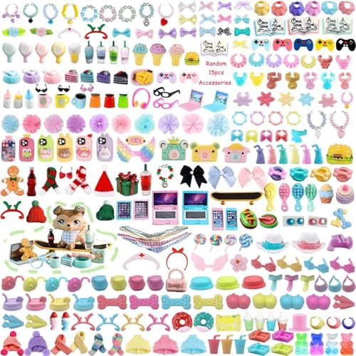 HYCUTETOY Cute Accessories for lps Pets,15PCS Random Hat Laptop Bow Collar Clothes Food and Drink for LPS Shorthair Cat Collie Dachshund Cocker Spaniel Great Dane Deer Pet Figure