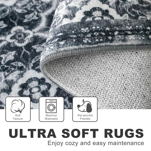 KILOCOCO 5x7 Area Rug, Moroccan Super Soft Washable Living Room Vintage Rug, Non-Slip Large Print Faux Wool Throw Indoor Rug for Entryway Bedroom Office Carpet, Black/Navy Blue White