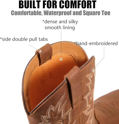 SUREWAY Mens Western Square Toe Cowboy Boots for Men,Soft/Steel Toe Full Grain Leather Slip On Pull On Work Boots for Construction Farming,Waterproof Soft Toe Brown,Size 9.52