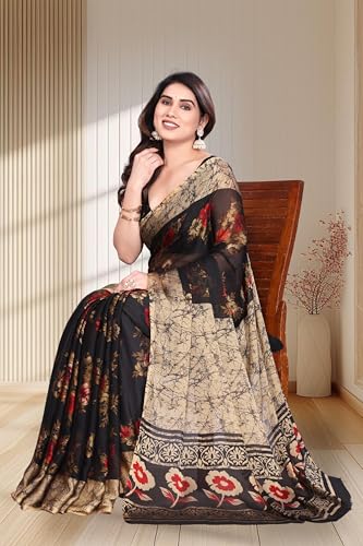 Image of SUPERLAXMI Women's Chiffon Floral Printed Saree with Blouse Piece