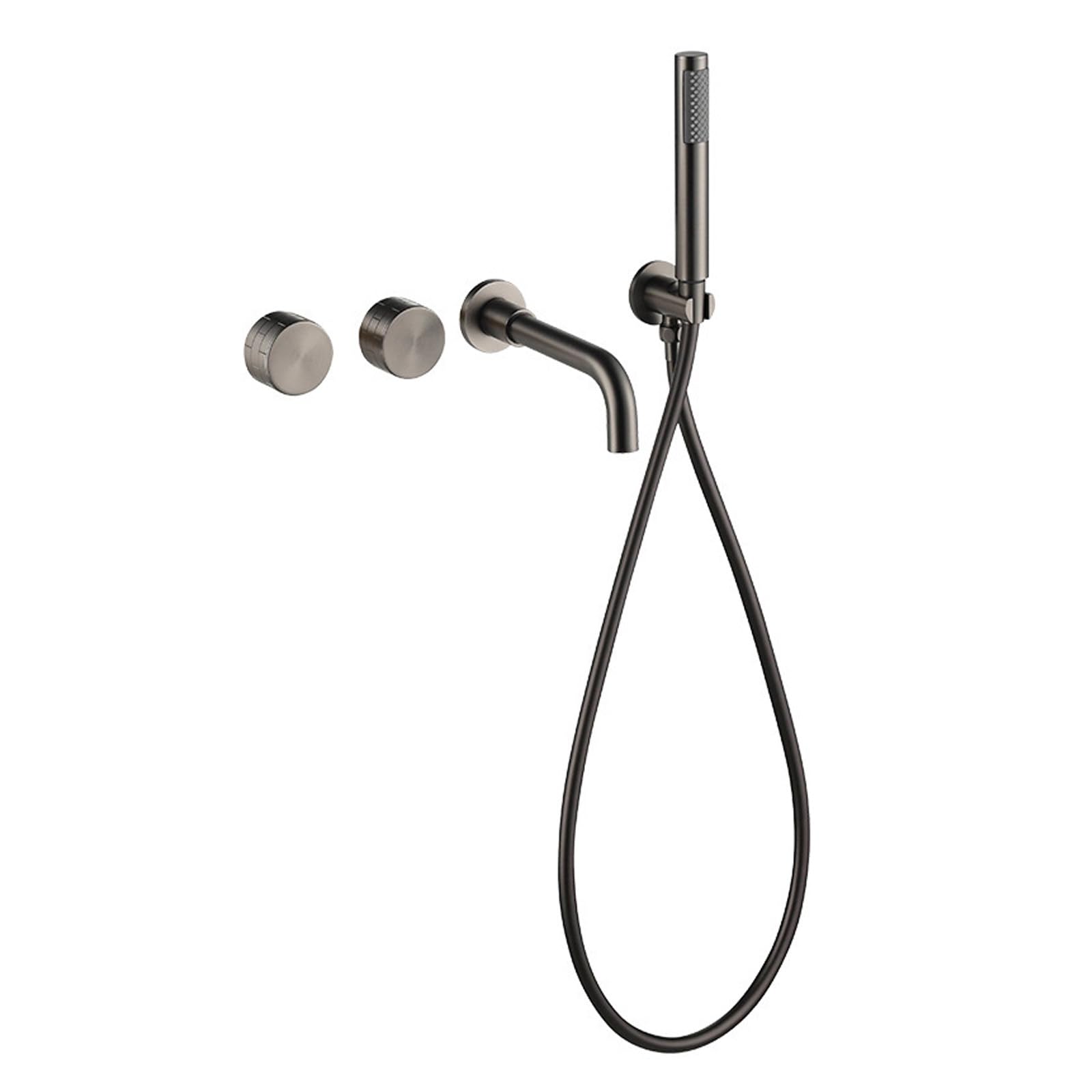 SWENEEN Modern Brass Wall Mounted Bathtub Faucet With Hand Shower And 2 Lever Handles 360° Swivel Tub Spout,Gun Gray