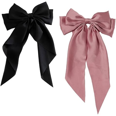 ZEVONDA Pack of 2 Big Bow Hair Clips - Solid Color Large Bowknot Hairpin Hair Clip with Long Silky Satin Tail Hair Barrettes Accessories for Girls Women, Black + Pink Cover