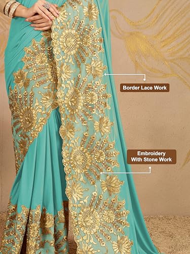 Image of TRENDMALLS Women's Lycra Embroidery With Stone Work Saree with Unstitched Blouse