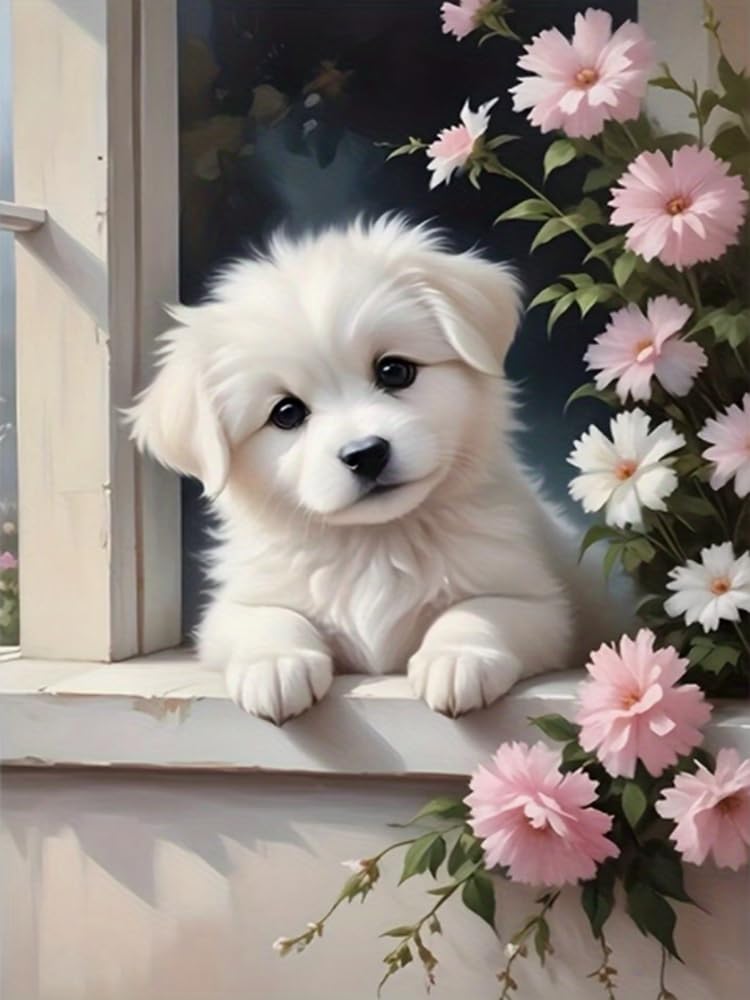 Brennora Stamped Cross Stitch Kits for Adults Puppy on the Windowsill 11CT Counted Cross-Stitch Embroidery Patterns Beginners Home Decor 16x20 inch