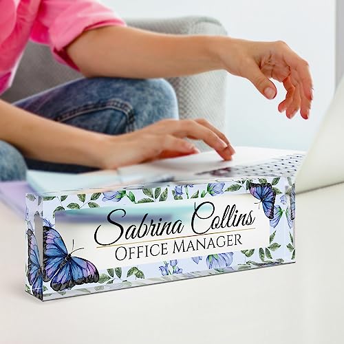 Image of Name Plate for Desk, Desk Name Plate Personalized, Office Decor for Women Men, Acrylic Desktop Accessories, Office Appreciation Gifts for Boss Social Workers Nurse Teacher Employee (Blue Butterfly)