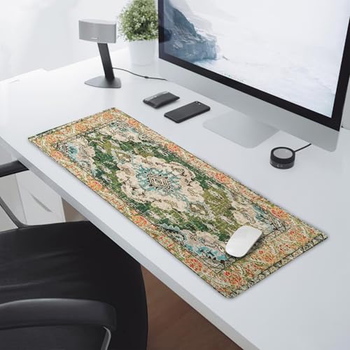 Image of Vintage Rug Mouse Pad XL Green Orange Retro Carpet Aesthetic Extended Table Mat 80X30 cm Non-Slip Rubber Base Stitched Edge Large XL Mousepad for Desk Gaming Laptop Desk Top,31.5x11.8 Inch