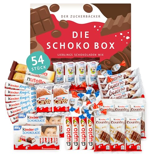 Süßigkeiten Box mit Kinderschokolade - Genussmomente von Der Zuckerbäcker Premium Schokoladen Mix mit Bueno Kinder Schokolade und Kinder Country 54 Teile als Geschenk für Party und Geburtstag