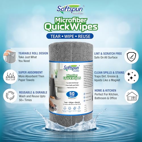 Image of SOFTSPUN Microfiber Cleaning Roll - 20 Quick Wipes, 10X Cheaper Than Paper Kitchen Roll Reusable & Lint-Free Cloth for Kitchen, Glass & Home Cleaning | 25x25 cm (Grey)