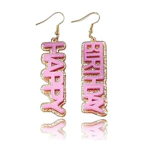 ORZKEY アクリル スパークリングカラー レター ロング ハッピーバースデー イヤリング プロムイヤリング ホットピンク 妻や娘への誕生日パーティーギフト