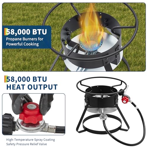 Outdoor Propane Deep Fryer with 58,000 BTU Cast Iron Burner, 11 QT Round Fish Fryer & 6.7 QT Basket, Heavy Duty Steel Rack for Backyard, Camping, Tailgating, Black