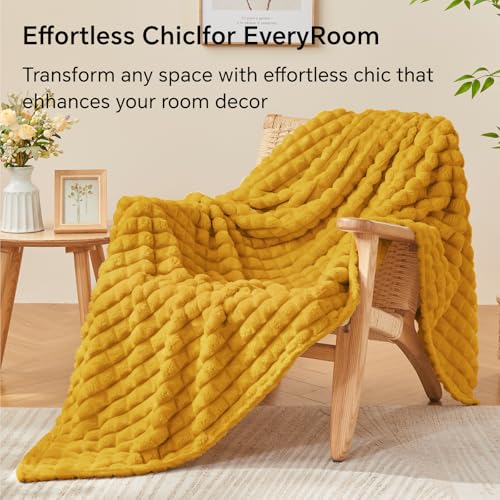 Image of BEDELITE Mustard Yellow Checked Fleece Throw Blanket for Couch, 50x70 Inch