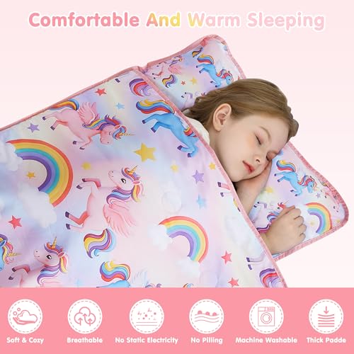 Image of Viviland Toddler Kid Nap Mat for Preschool, Girls Colorful Unicorn Slumber Bag, Daycare Sleeping Bag with Pillow and Blanket, Kindergarten Sleep Mat