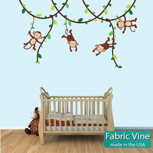Green and Brown Monkey Wall Decal for Baby Nursery or Kid's Room, Fabric Vine Decal