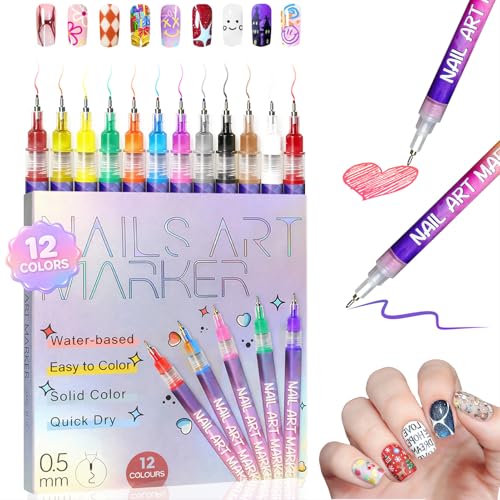 12 Colors Nail Art Pens Set, 2026 New Nail Art Markers with 0.5mm Fine Tip, Waterproof &...