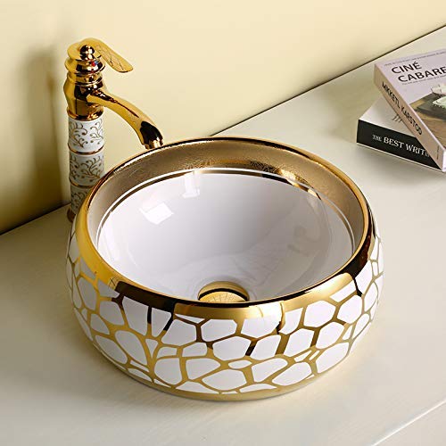 Sanque Ceramic Table Top Wash Basin / Counter Top Basin / Vessel Sink For Washroom Bathroom & Living Room 16 X 16 X 6 Inches (Gold White)