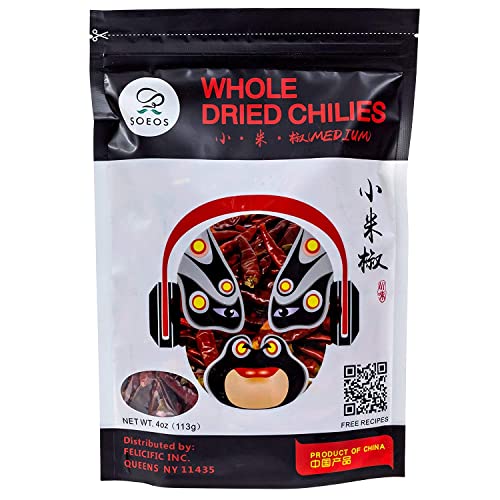 Soeos Whole Dried Chilies 4 oz, Mild Spicy Chili Peppers, Red Chili
