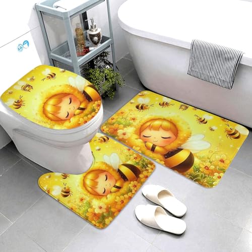 Alfombras de baño de abejas y flores con 3 piezas para inodoro 4