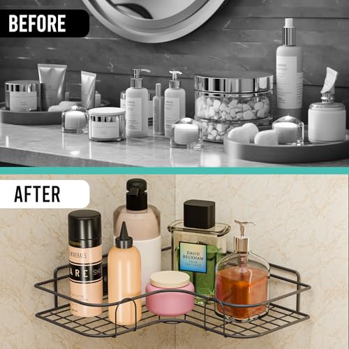 Image of Kuber Industries 4 Pcs Metal Self Wall Adhesive Bathroom Organiser with Drill Screws | Bathroom Corner Shelves /Rack & Stand | Grey