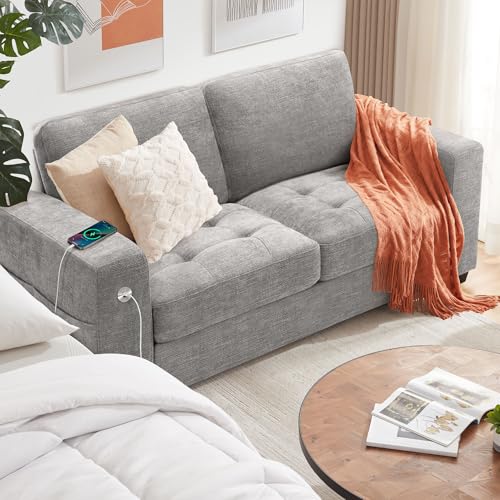 Ihanherry Sofa 70 Inch Loveseat with USB/Type-C Charging Port & Side Pocket, Comfy Modern 2-Seats Sofa for Living Room & Bedroom, Removable Medium Firm Sofa Cushion, Breathable Chenille Fabric, Grey