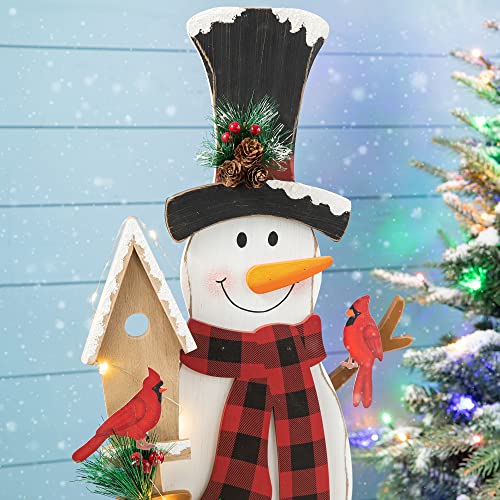Image of Glitzhome 36 inch H Lighted Wooden Christmas Snowman Porch Sign Standing Snowman with Birdhouse Porch Decor Rustic Merry Christmas Welcome Sign Holiday Party Outdoor Indoor Xmas Decorations