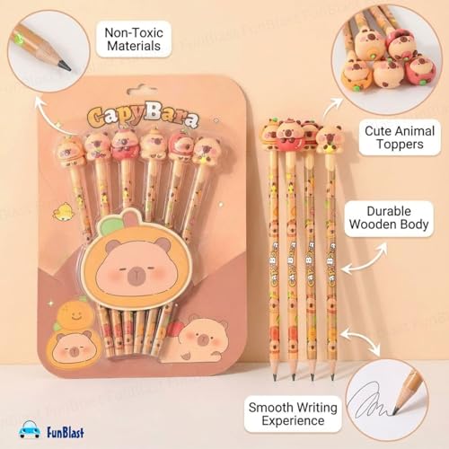 Image of FunBlast Capybara Pencils with Cute Erasers on Top - Pack of 6 Cartoon Pencil for Kid with 3D Kawaii Topper, Writing Drawing Tools for Kids, Birthday Return Gift for Kids (B)