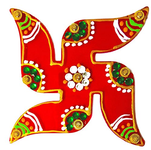 DMS RETAILA crylic Stone Flower Studded Handcrafted Swastik Sticker for Door, Wall (5.5,5.5 cm, Red)