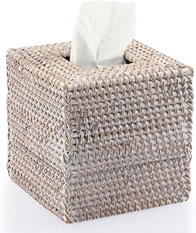 IGNPION Rattan Square Tissue Cover Holder Decoration Tissue Organizer Box Cube Tissue Paper Holder Box Tissue Storage Case Dispenser Napkin Organizer for House Office Car Hotel , Whitewash
