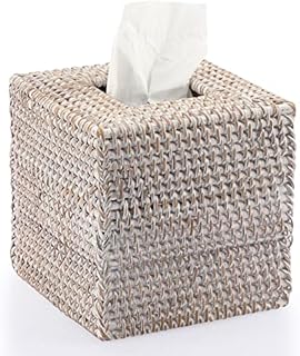 IGNPION Rattan Square Tissue Cover Holder Decoration Tissue Organizer Box Cube Tissue Paper Holder Box Tissue Storage Case Dispenser Napkin Organizer for House Office Car Hotel , Whitewash