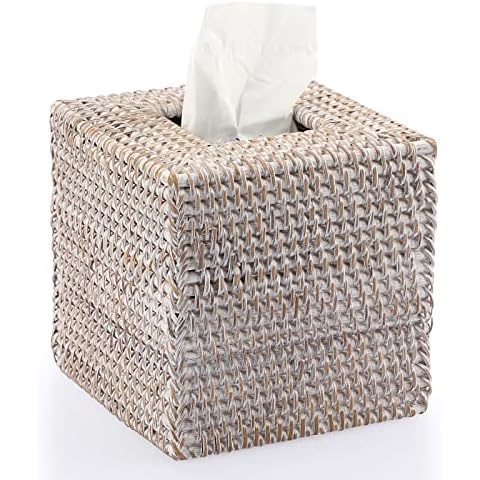IGNPION Rattan Square Tissue Cover Holder Decoration Tissue Organizer Box Cube Tissue Paper Holder Box Tissue Storage Case Dispenser Napkin Organizer for House Office Car Hotel , Whitewash Cover