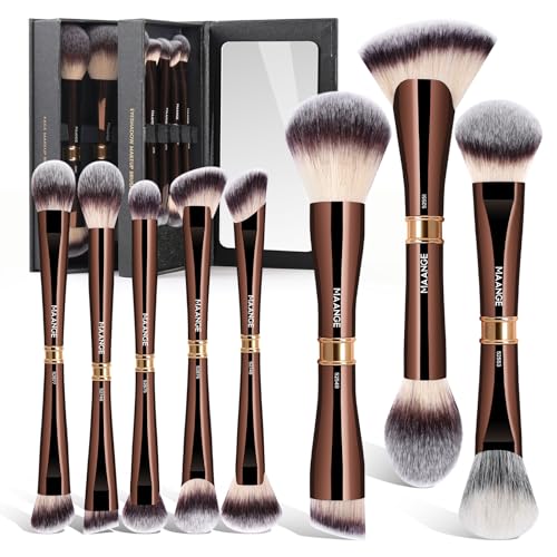 MAANGE Lot de 8 pinceaux de maquillage de luxe – Pinceaux de maquillage à double extrémité avec fonctions 16 en 1 et étui miroir pour fond de teint, fard à paupières et blush pour maquillage complet
