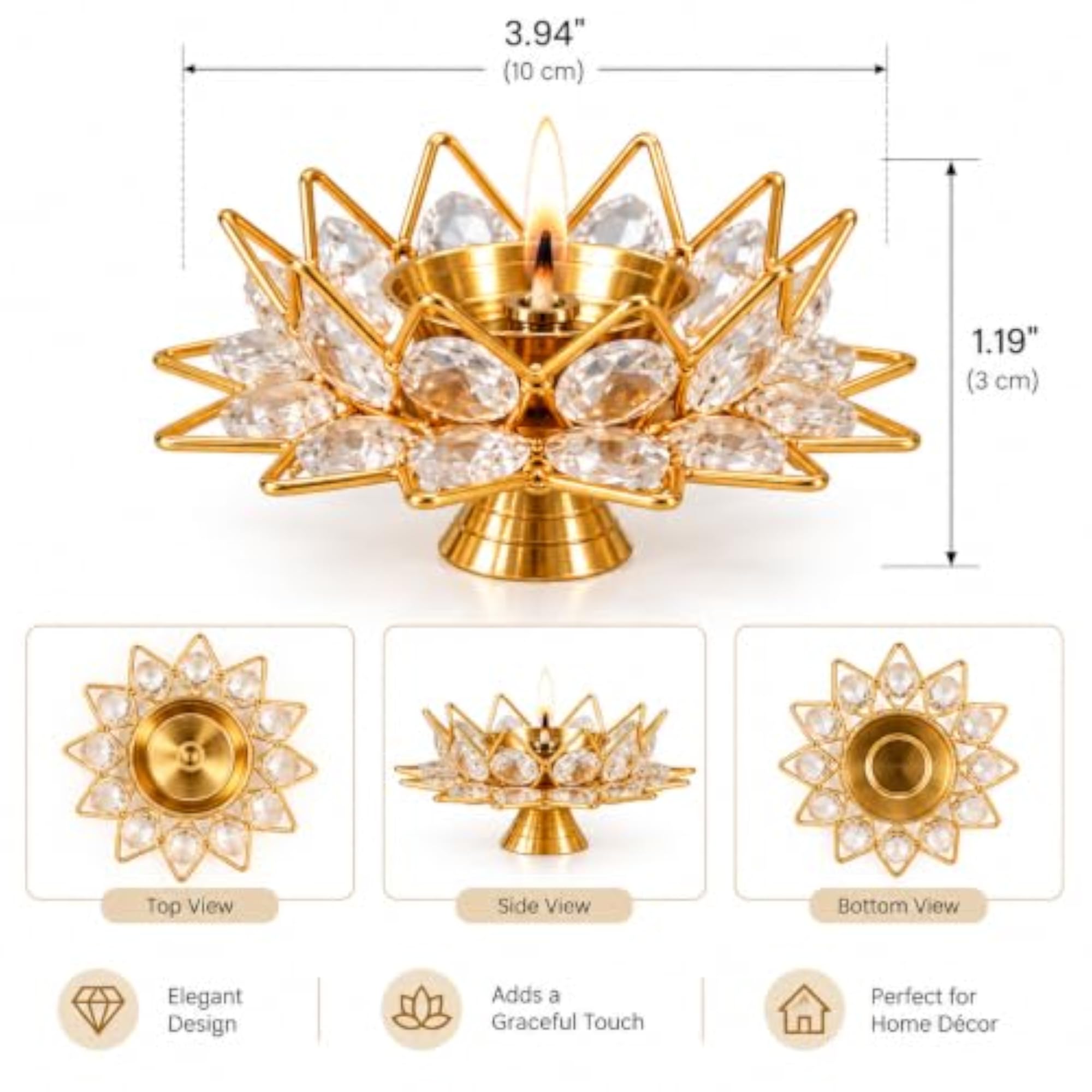 Golden Lotus Shaped Crystal Brass Diya, Diwali Decoration