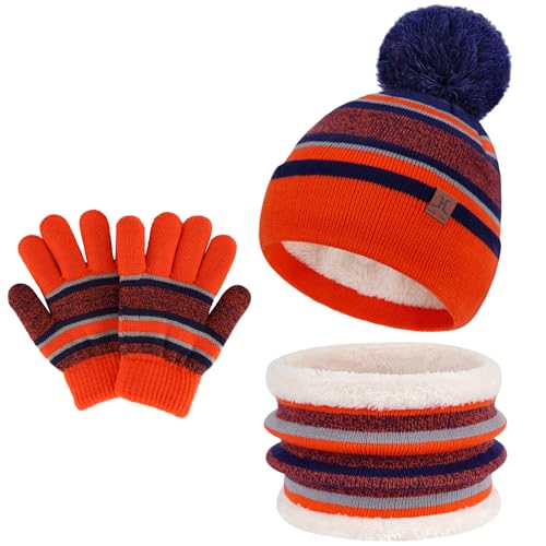 Image of Kids Toddlers Winter Hats Knit Warm Beanie Scarf Gloves Set for Boys Girls Age 2-7, Pompom Cap Neck Warmer Fleece Lined Gifts