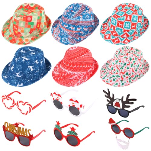NICOWARM 12pcs Christmas Photo Booth Prop, 6pcs Fedora Hats, 6pcs Party Sunglasses for Adult, Teen, Ugly Sweater Hat, Funny Glasses, Merry Xmas Carnival Party Costume Prop