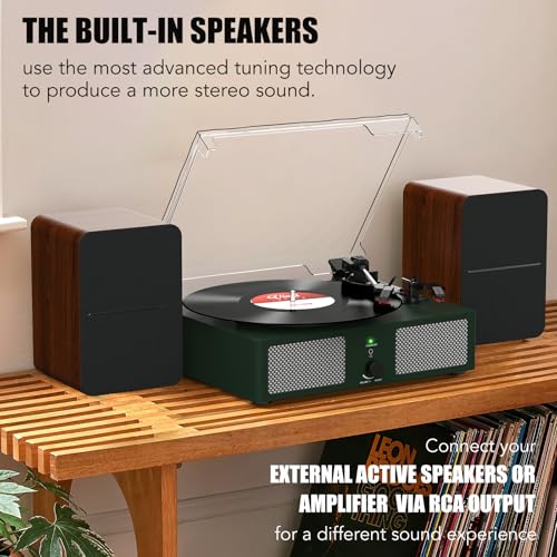 Image of Vinyl Record Player with Built-in Speakers and USB,Belt-Driven Bluetooth Turntable with 3 Speed AUX Input Headphone Jack and RCA Output Vintage Wooden DarkGreen