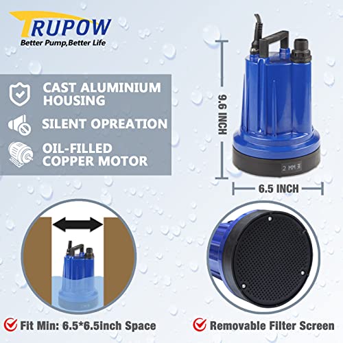 Image of TRUPOW 1 /3HP Utility Pump 1320GPH Portable Electric Submersible Sump Pump Low Suction with Cast Aluminium Housing, Drain Clean Water for Basement Flood Cellar Pool Garden Pond and Hot Tub