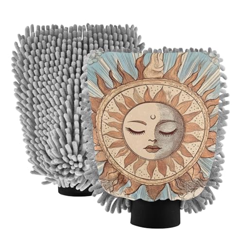 ALAZA Sun Moon Astrology Alchemy Car Wash Mitt Scratch Free, 2 Pack Absorbent Microfiber/Chenille Washing & Drying Mitts, L
