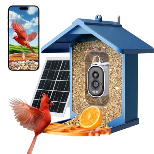 PawPeri Bird Feeder with Camera 2.5K HD Live Video, AI Bird Identifier, 5MP Photos, 7W Solar Powered & 4000mAh Battery for Wall/Mount/Hang (Blue)