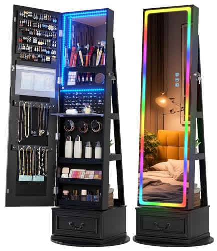 Vlsrka LED Mirror Jewelry Cabinet with Lights, Lockable Full Length Mirror with Storage, Standing Jewelry Armoire Organizer with Touch Screen&RGB Modes for Small Bedroom Spaces, Gift for Women, Black