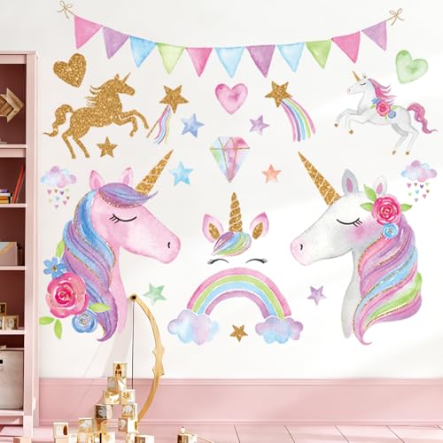 Wlicon Unicorn Wall Stickers Pink Unicorn Wall Decals Unicorns Art Wall Stickers with Rainbow Stars for Bedroom Living Room Birthday Party Home Decorations