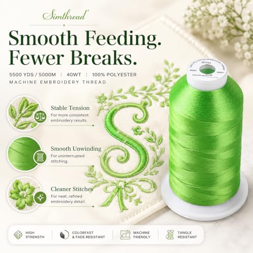 Image of Simthread 5000M 40WT Polyester Embroidery Thread, Apple Green S036 | 5000M 40WT polyester thread feeds smoothly for machine embroidery, monograms, logos, patches and quilting.