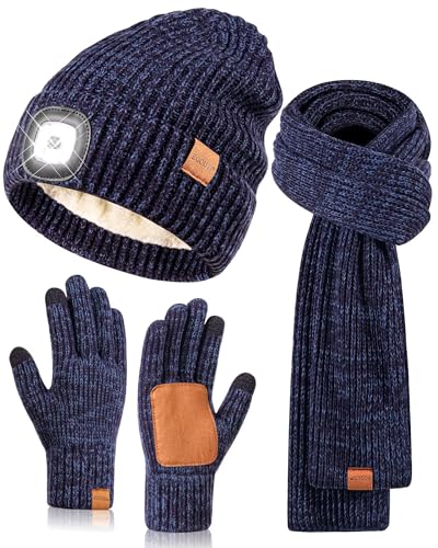 LED Beanie Gloves Scarf Set, Winter Hat with Light Built in Headlamp Caps Long Scarf Touchscreen Gloves, 3 in 1 Warm Gift Set