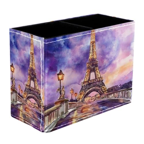VAPOKF Pot à crayons en forme de tour Eiffel violet aquarelle pour bureau, 2 compartiments, pot à crayons, pinceaux de maquillage, organisateur de...