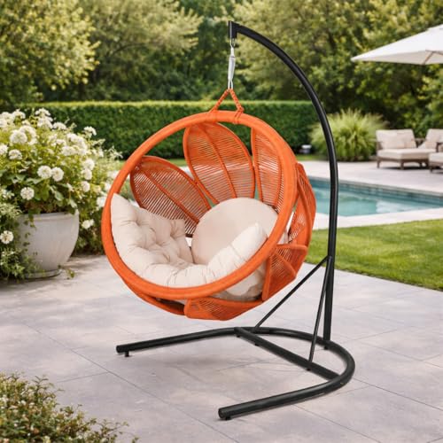 Image of Rattan Wicker Wrought Iron Two Seater Swing Chair with Powder Coated Stand & Cushion & Hook | Double Hammock Swing for Adults & Kids | Modern Swing Jhula | (Orange and Cream)