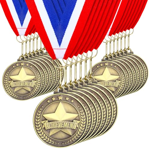 Quelay 30 Pcs 2 Award Medals Bulk Gold Winner Medals with Neck Ribbons Metal Trophy Award Prize Gift for Tournaments Competitions Party Kids and Adults(Achievement)