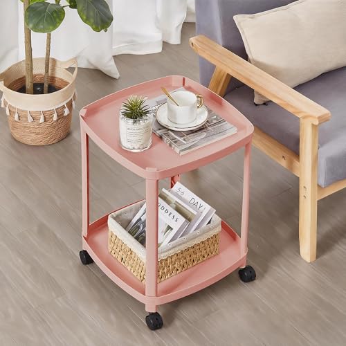 VECELO Rolling End Side Table with Lockable Wheels, 2‑Tier Plastic Mobile Sofa Side Table, Small Nightstand Storage Cart for Living Room Bedroom Bathroom, 1 PCS, Pink by VECELO - Used condition - Image 4